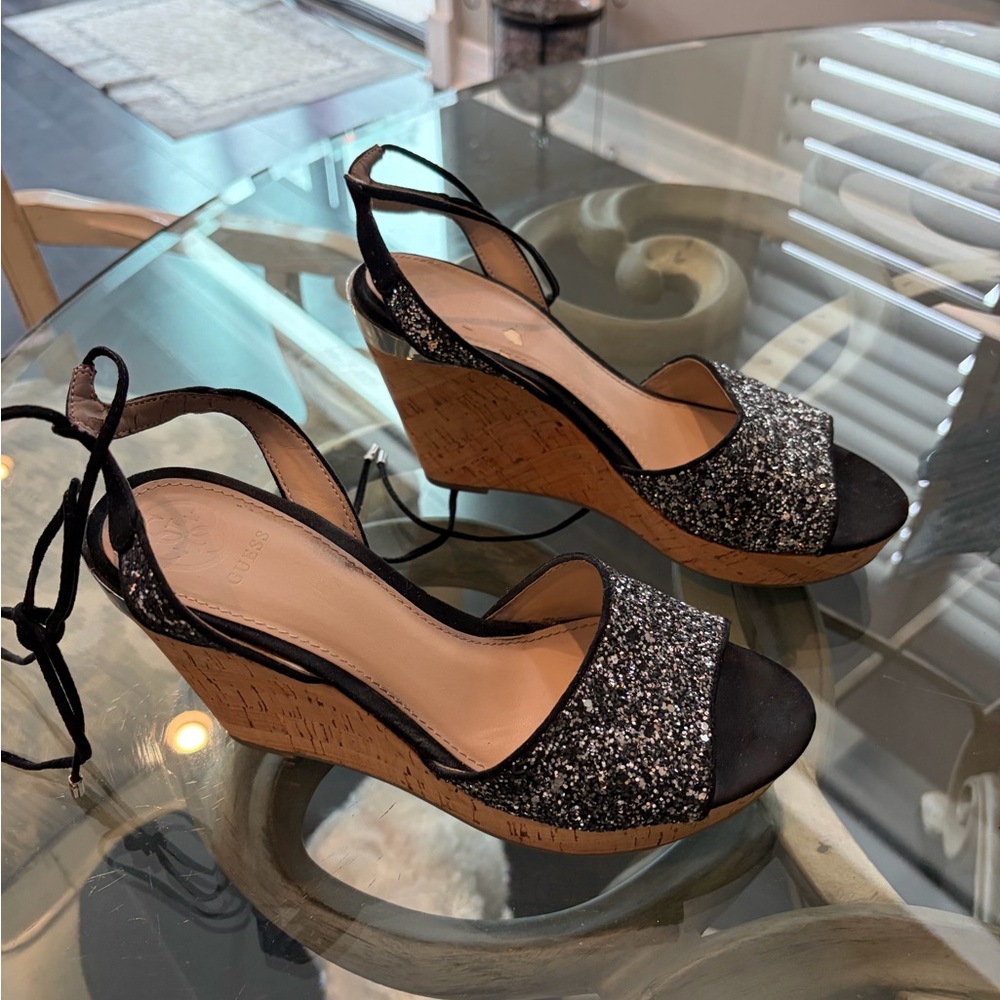 Guess Black and Silver Glitter Wedges